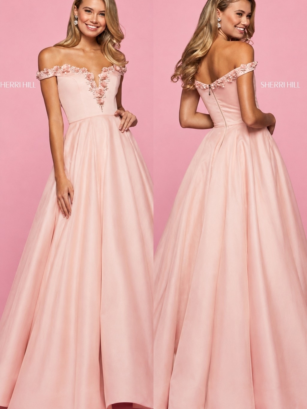 Sherri Hill Blush Pink Off-the-Shoulder Ball Gown with Floral Trim Style 53408